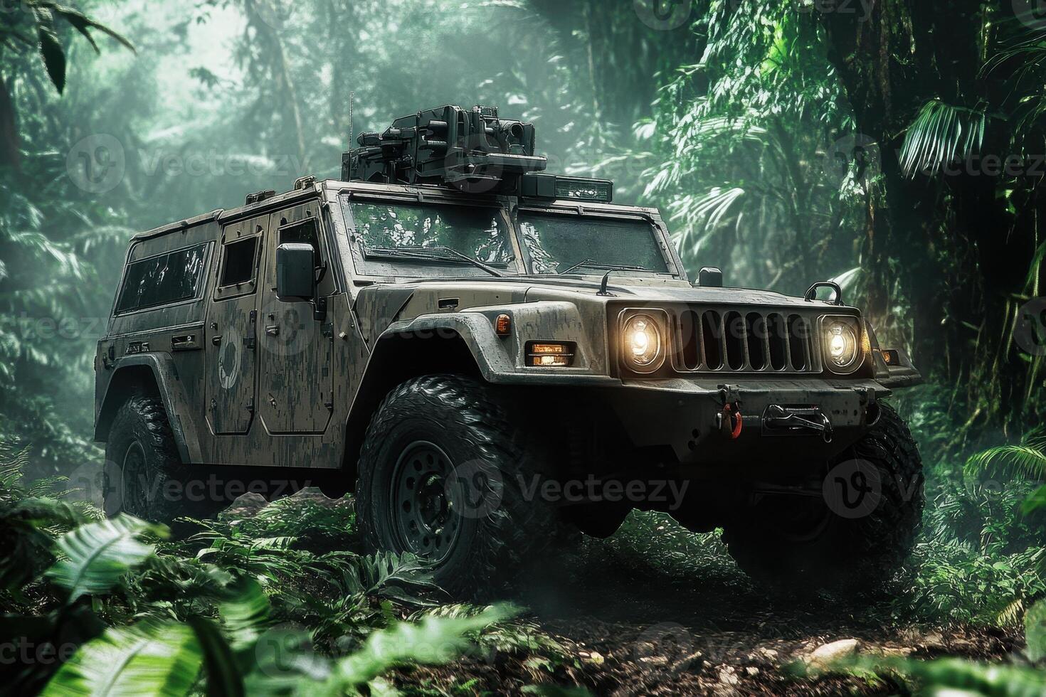 A rugged military vehicle navigating through a dense jungle environment photo
