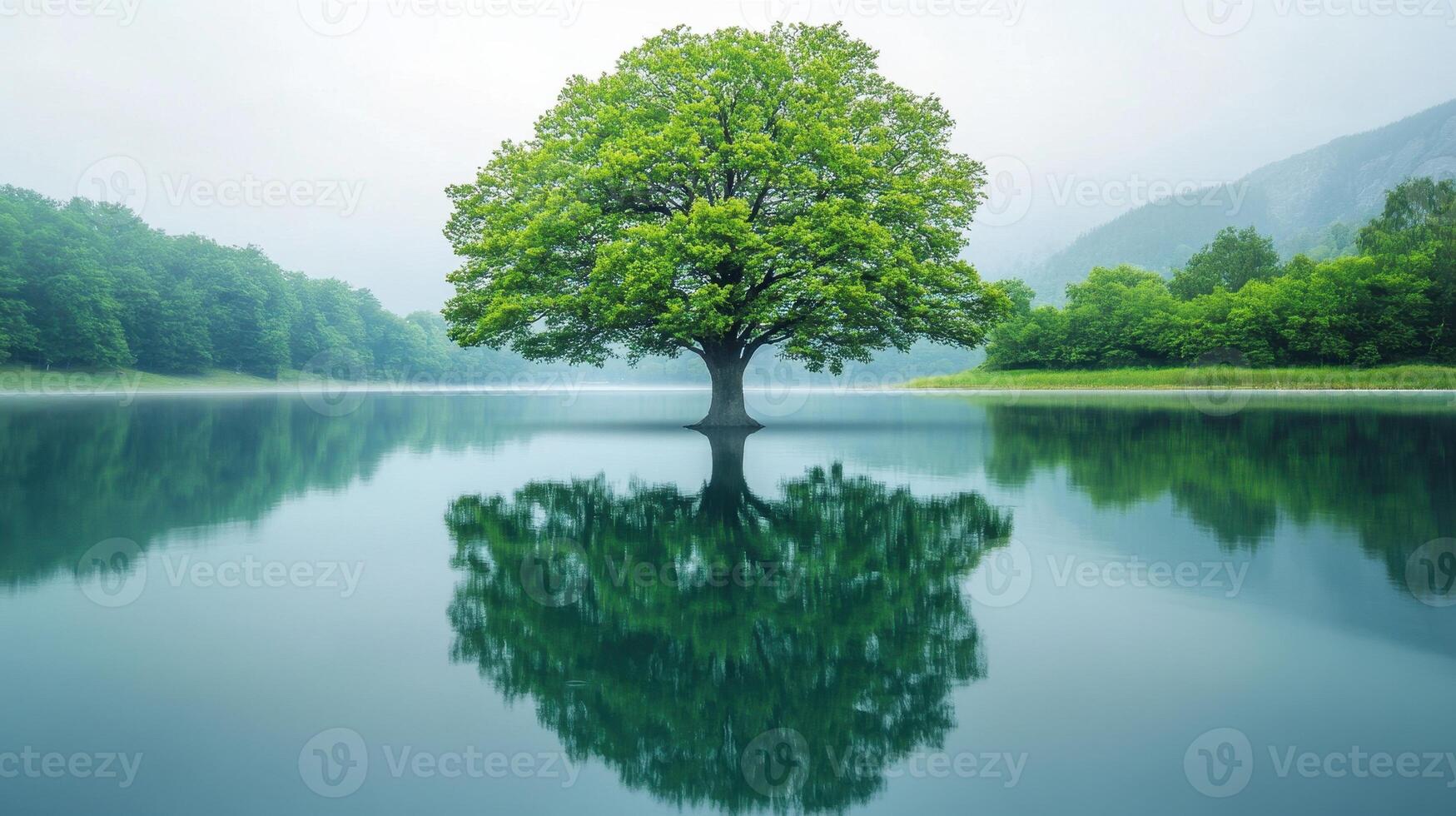 A serene tree reflecting in calm waters, surrounded by lush greenery and misty mountains. photo