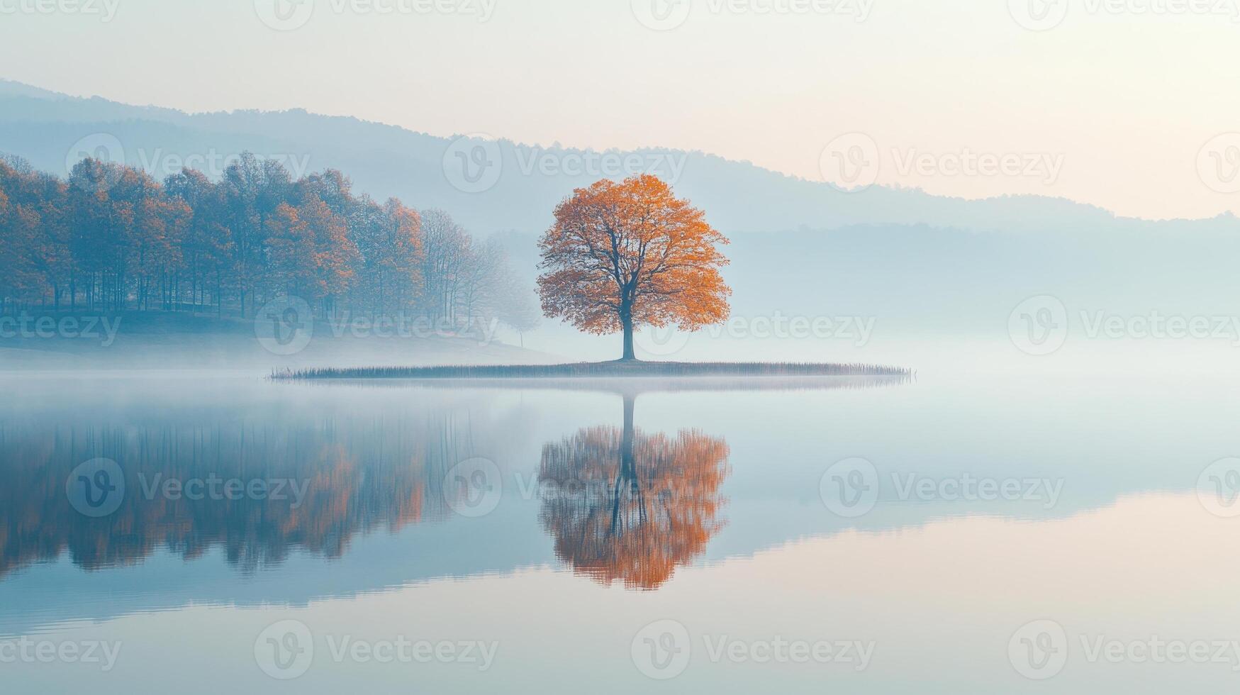 Serene landscape featuring a solitary tree on an island, reflected in calm water. photo