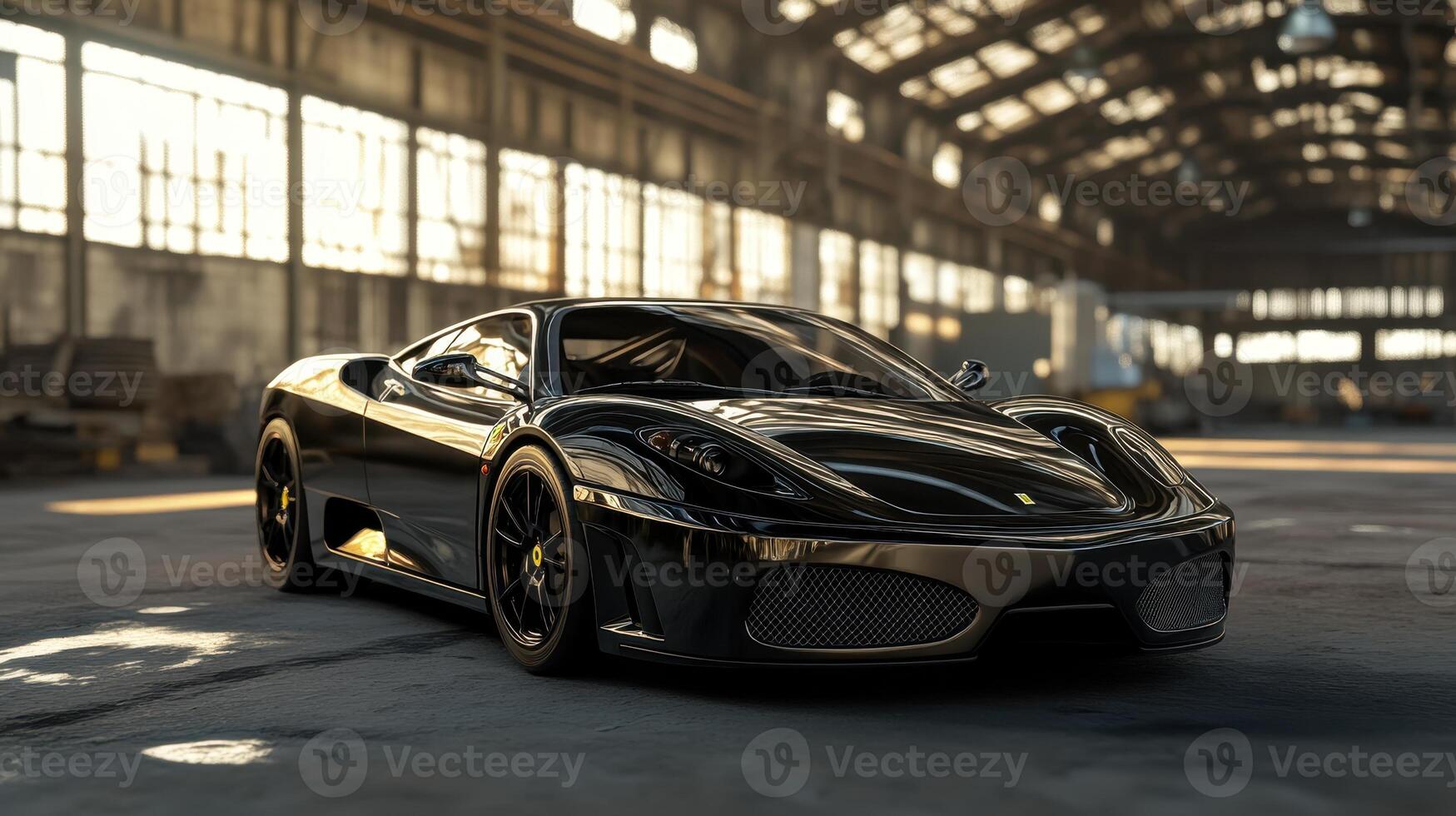 A sleek black sports car displayed in an industrial setting with dramatic lighting. photo