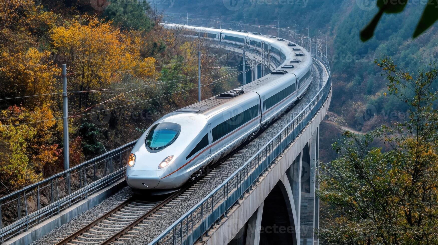 A high-speed train navigating a curved track through a scenic landscape with autumn foliage. photo
