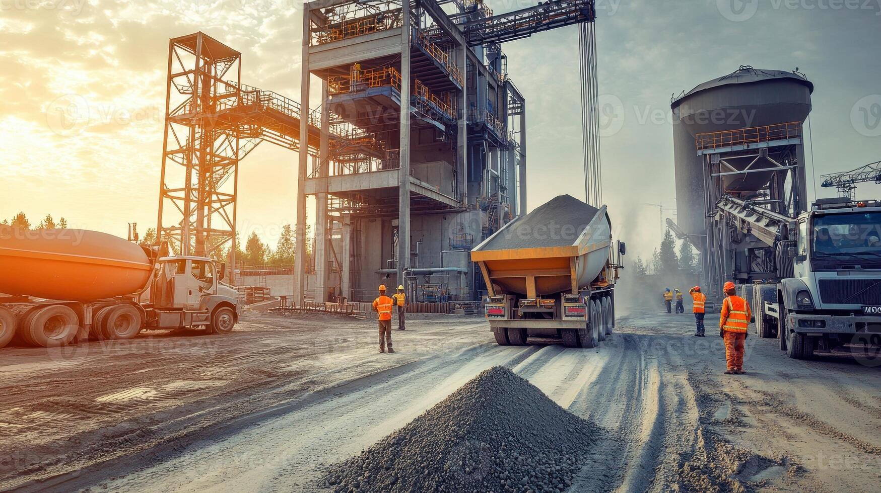 Construction site with workers and machinery involved in material transportation. photo