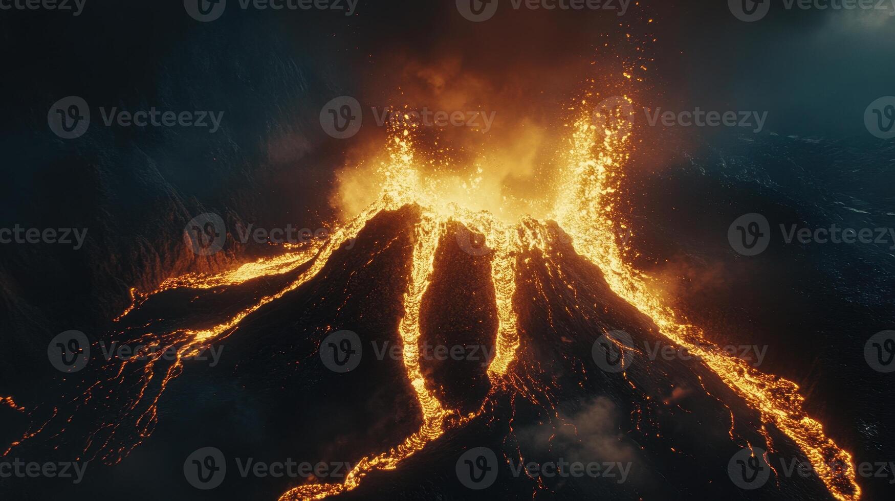 A dramatic volcano erupting with flowing lava and smoke against a dark sky. photo