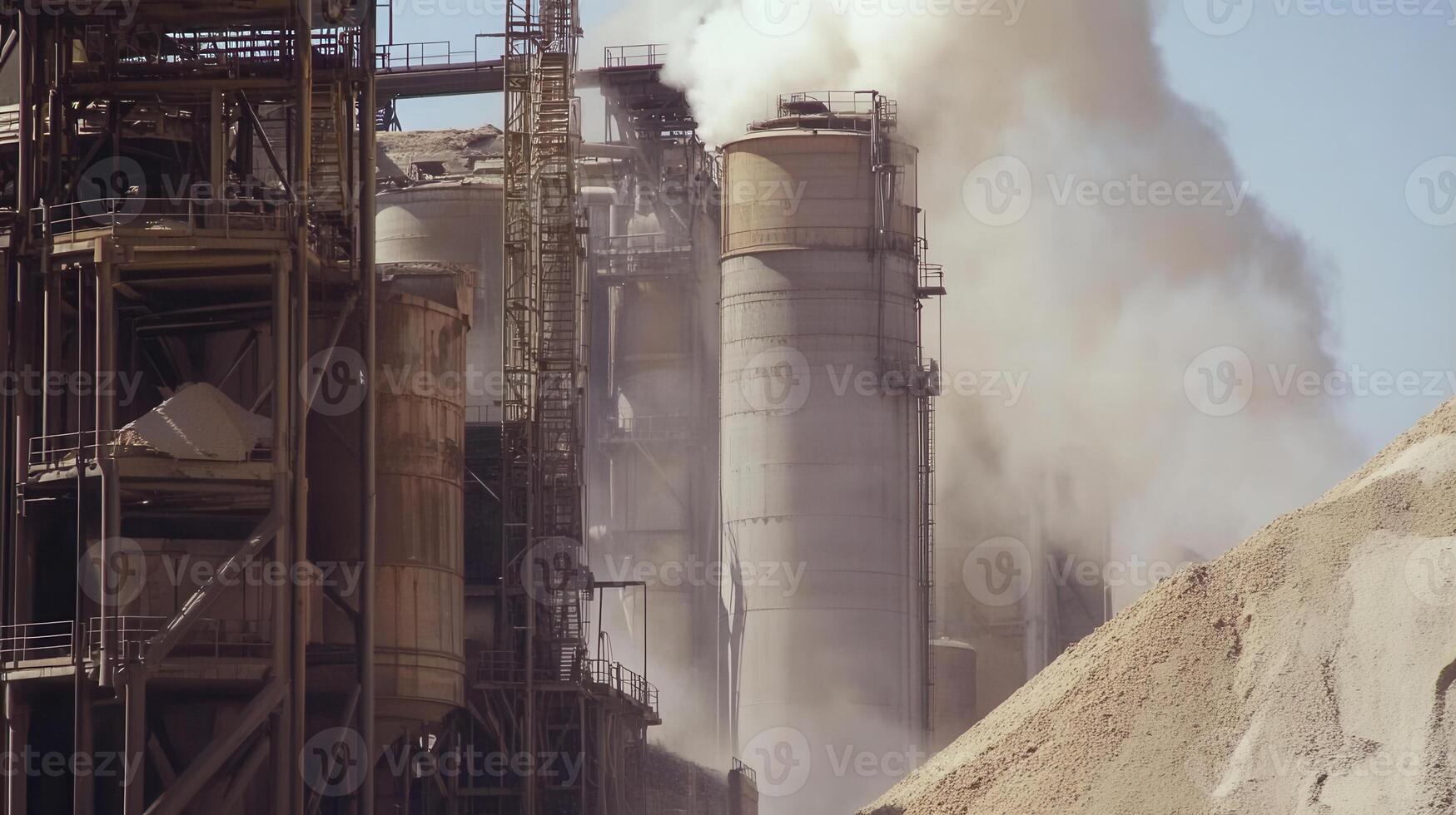Industrial site with silos and smoke, indicating production or processing activities. photo