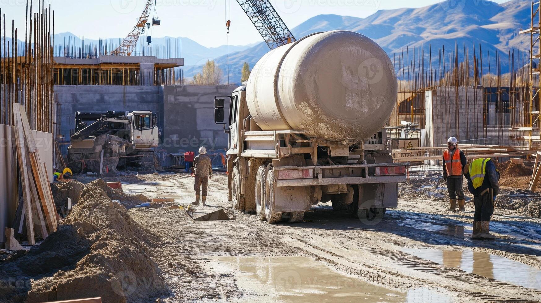 Construction site with a cement mixer and workers in a developing area. photo