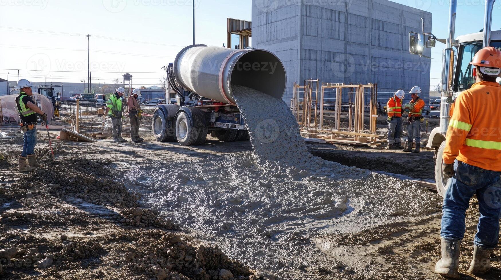 Construction site with concrete being poured from a mixer truck. photo