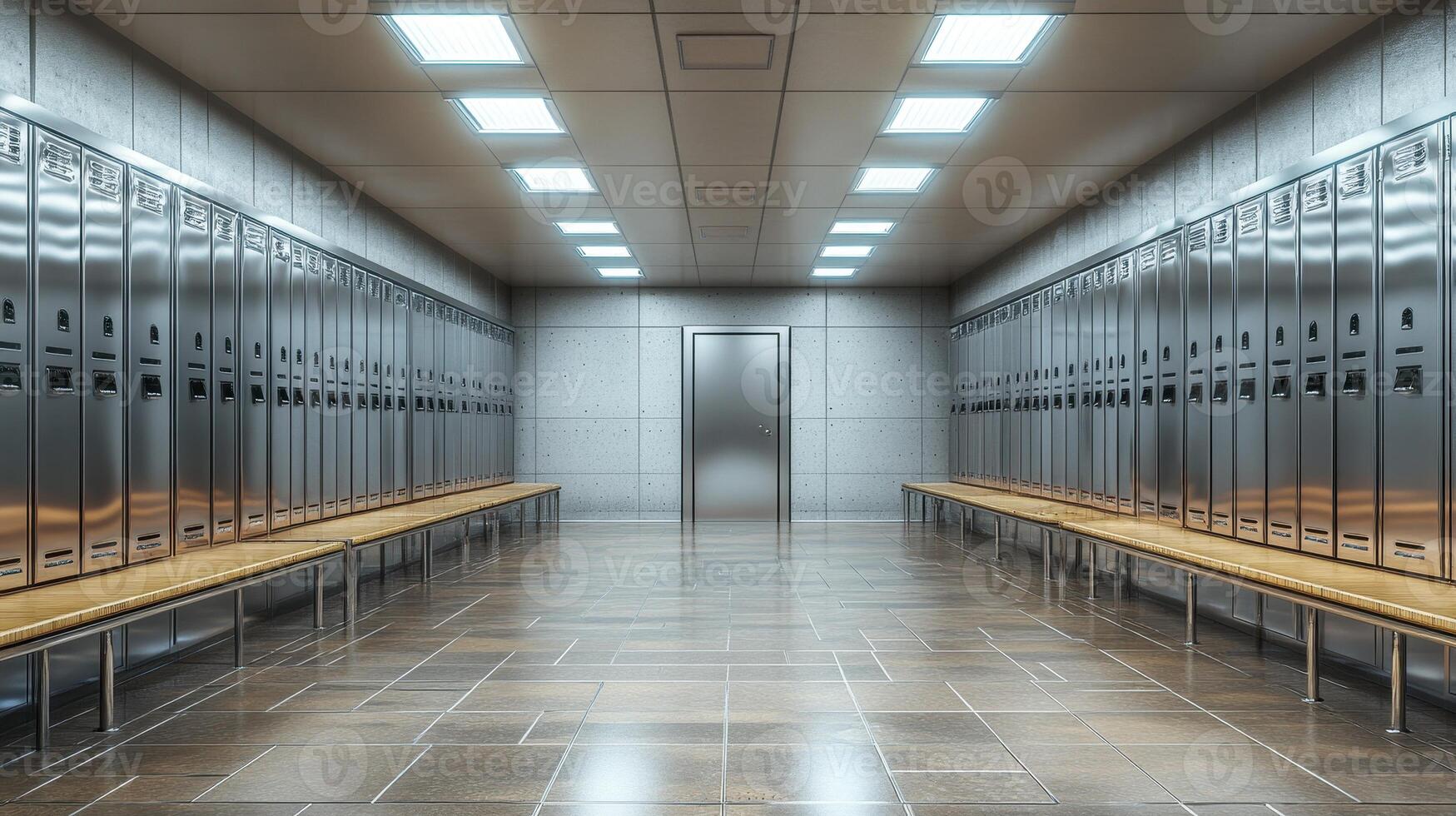 A modern locker room with benches and metal lockers, designed for changing and storage. photo