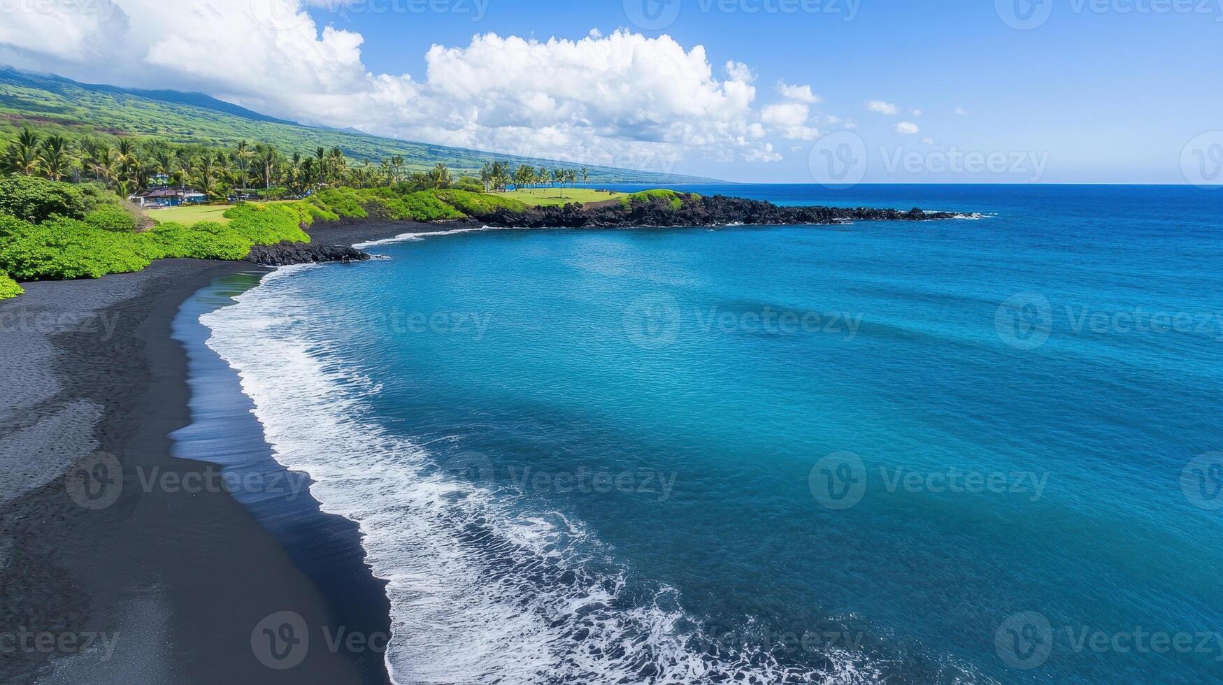 A serene coastal view featuring black sand, turquoise waters, and lush greenery. photo