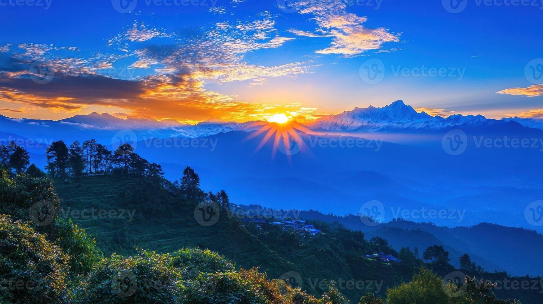 A breathtaking sunrise over a mountainous landscape, showcasing vibrant colors and serene beauty. photo
