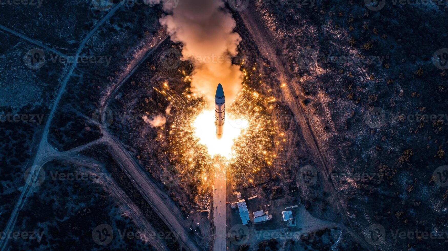 A rocket launches from a site, surrounded by smoke and fire, showcasing space exploration. photo
