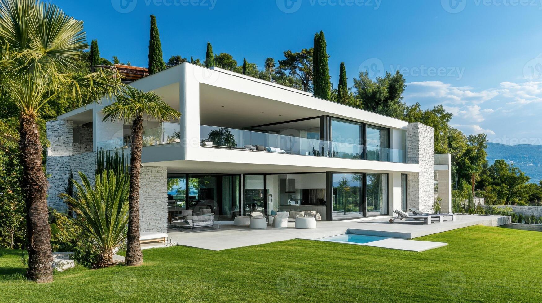 Modern villa with a sleek design, surrounded by greenery and a clear sky. photo