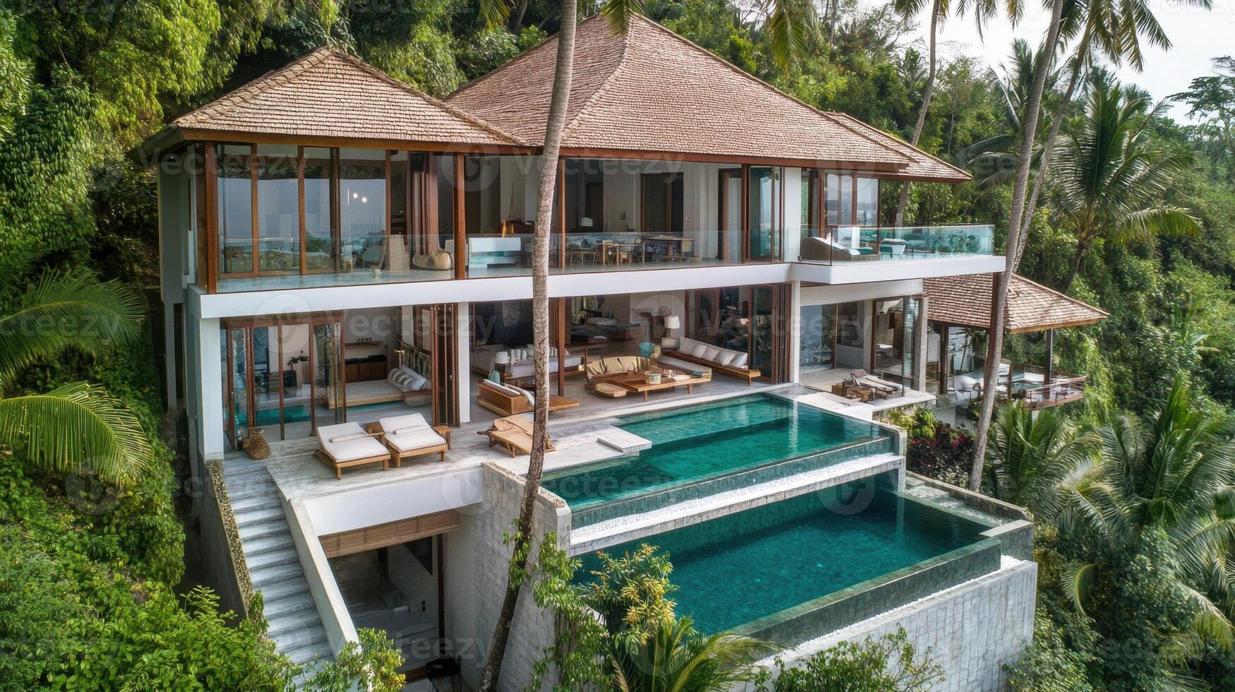 A luxurious villa with a pool surrounded by lush greenery and palm trees. photo