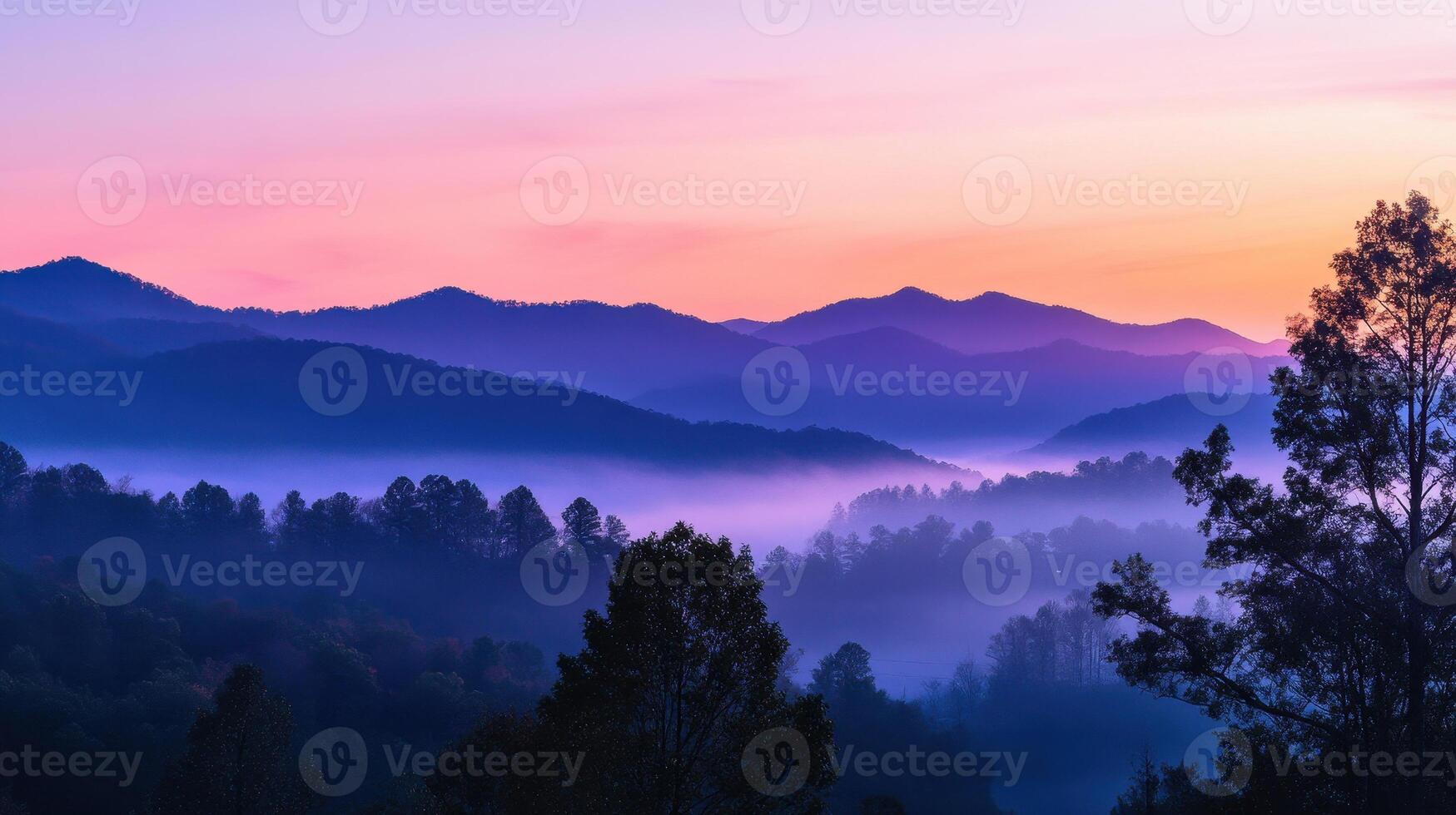 Serene mountain landscape at dawn with mist and soft pastel colors, photo