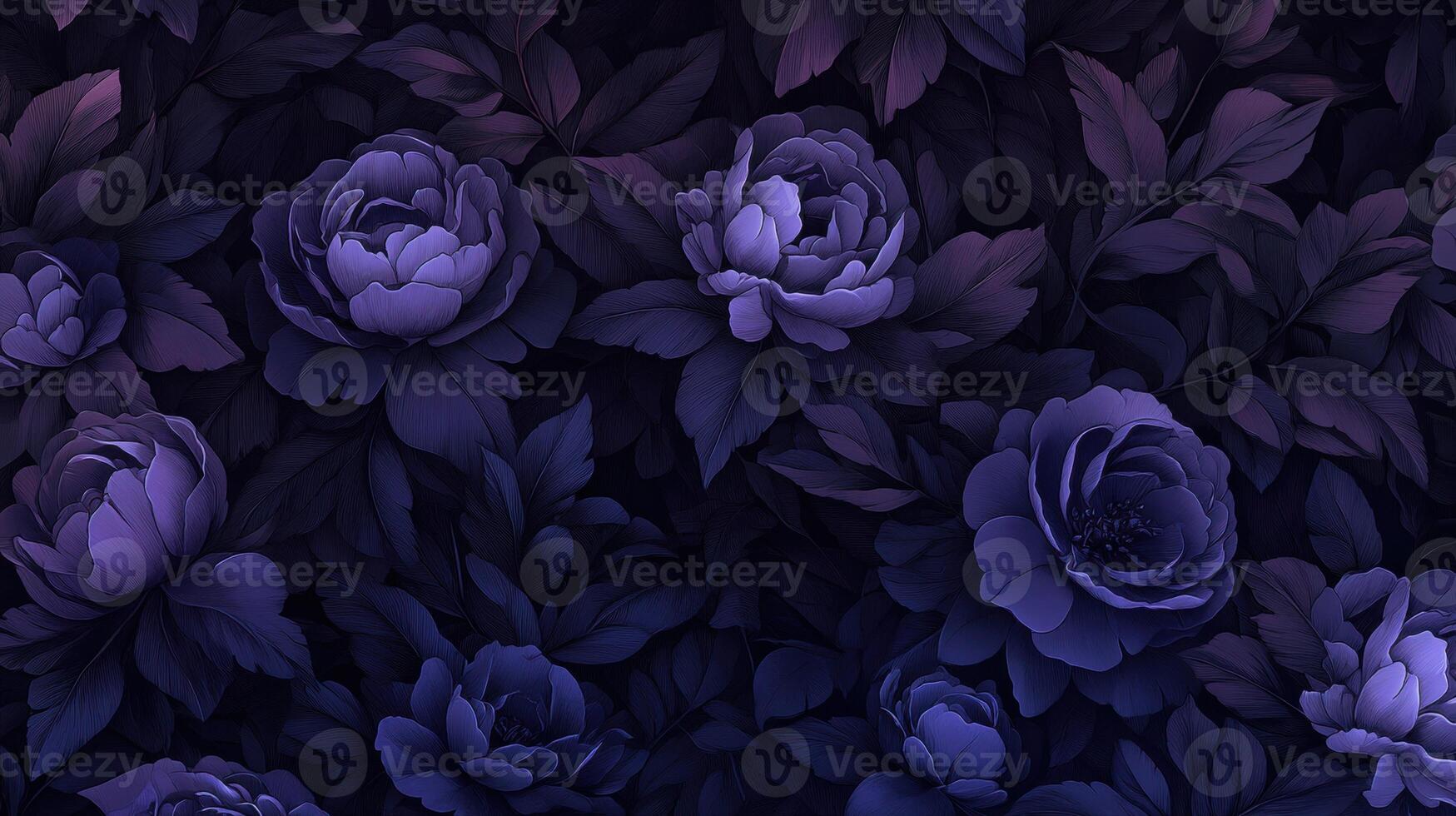 A dark floral pattern featuring peonies and leaves in shades of purple. photo