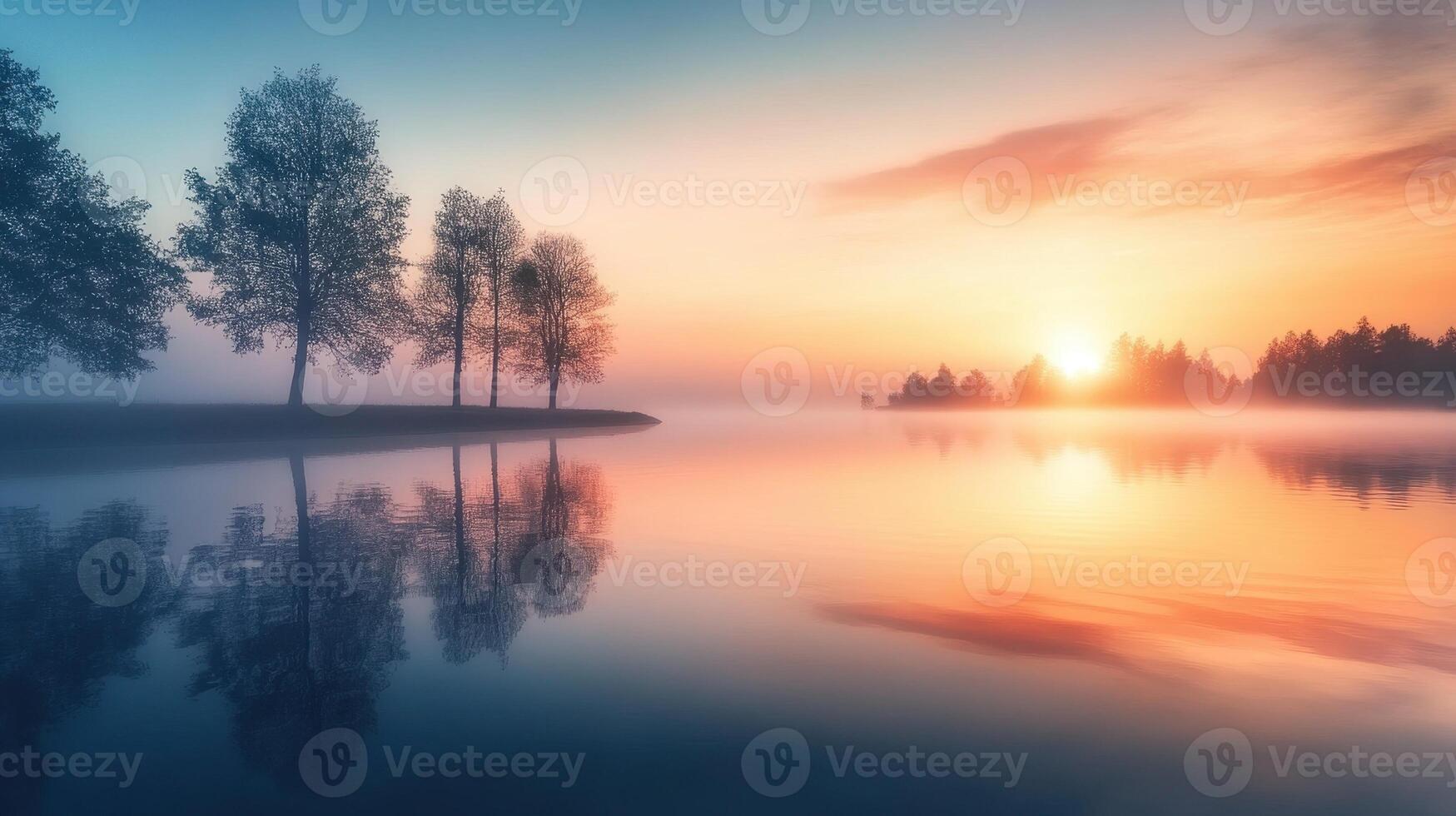 Serene sunrise over a calm lake, reflecting trees and soft colors of dawn. photo