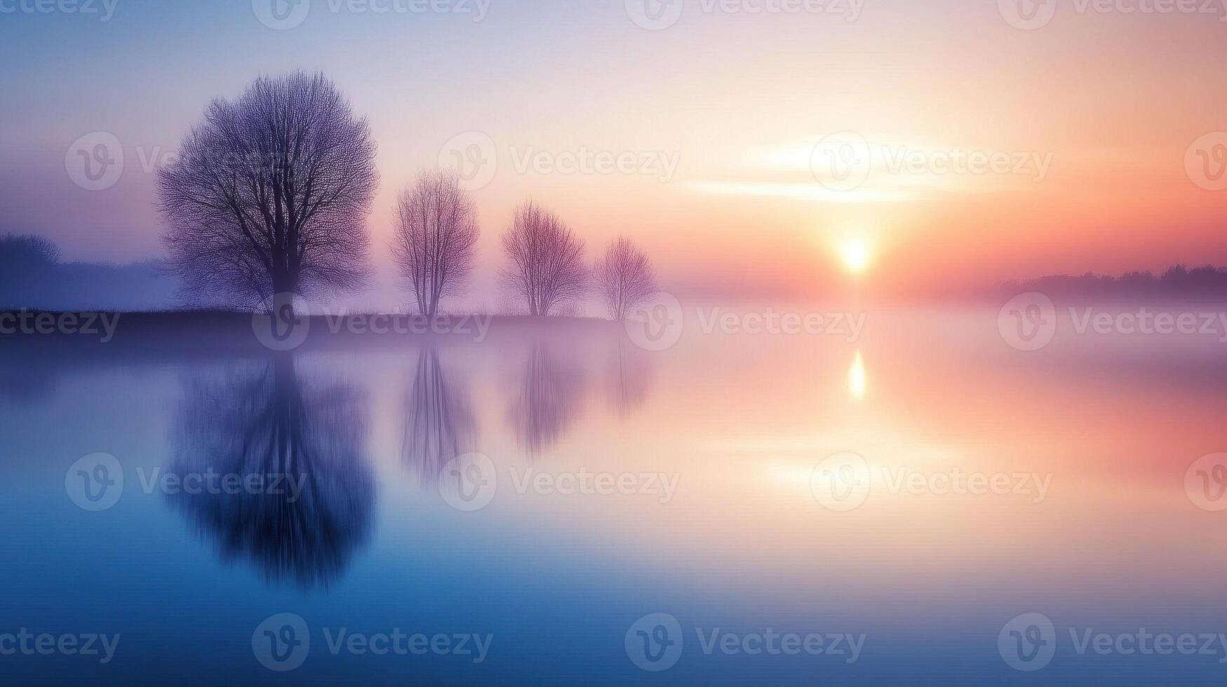 A serene sunrise over a misty lake, reflecting trees and soft pastel colors. photo