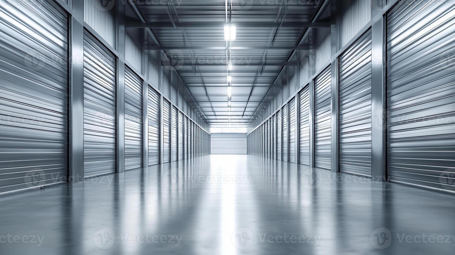 A spacious, modern storage facility with metallic doors and bright lighting. photo