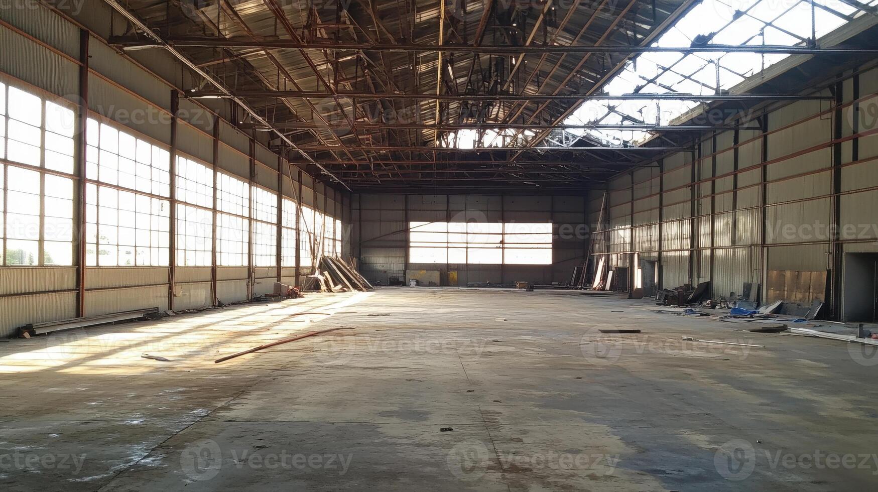 An empty industrial warehouse with large windows and scattered construction materials. photo