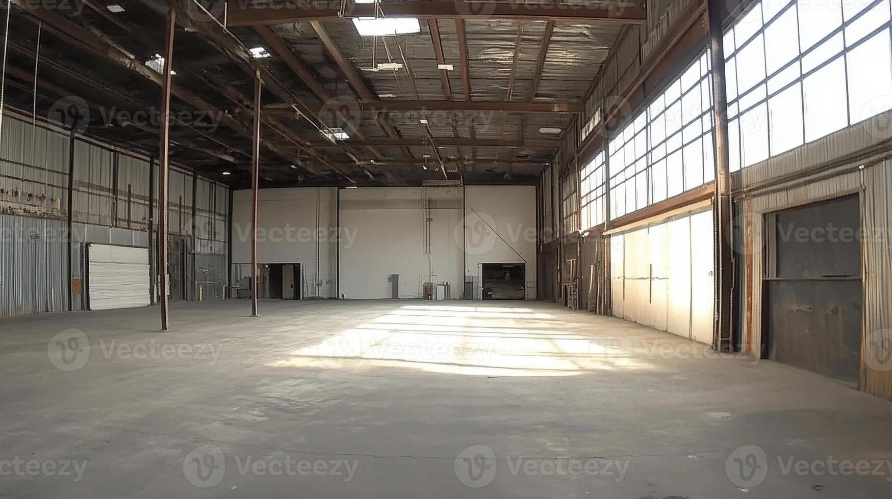 A spacious industrial warehouse with high ceilings and large windows. photo