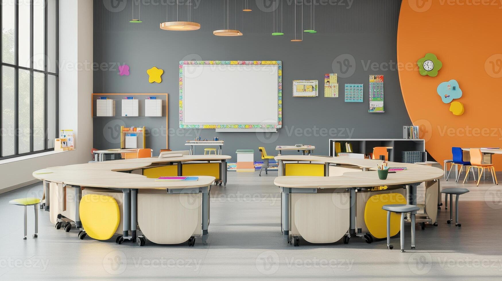 A modern classroom setup with circular tables, colorful chairs, and educational materials. photo