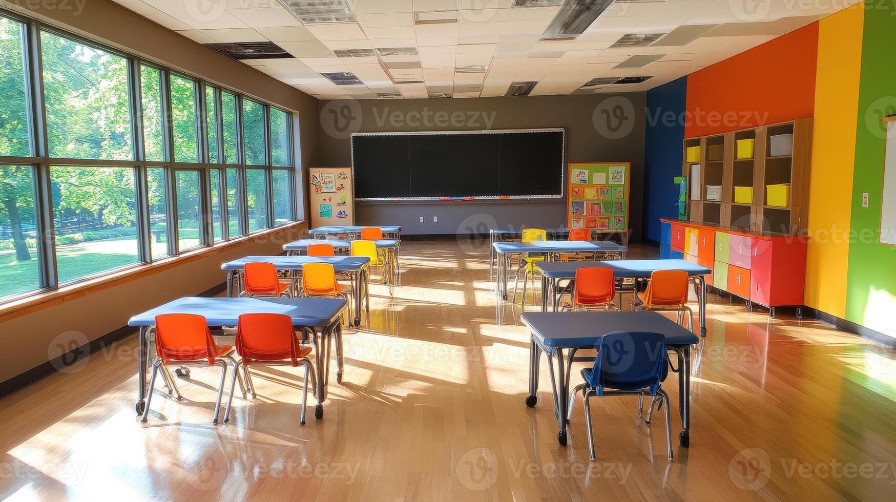 A bright and spacious classroom with colorful furniture and large windows. photo