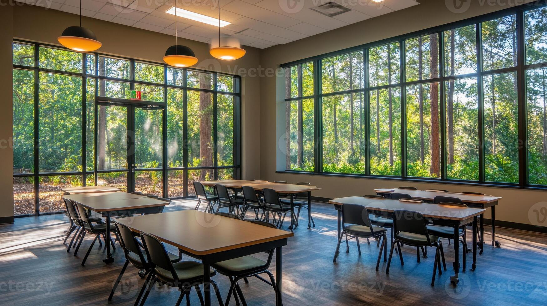Bright classroom with tables, large windows, and views of nature outside. photo