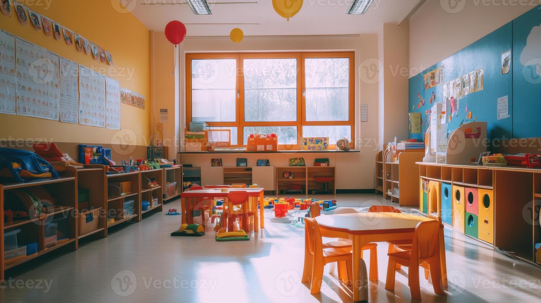 A bright, colorful classroom filled with toys and learning materials for children. photo