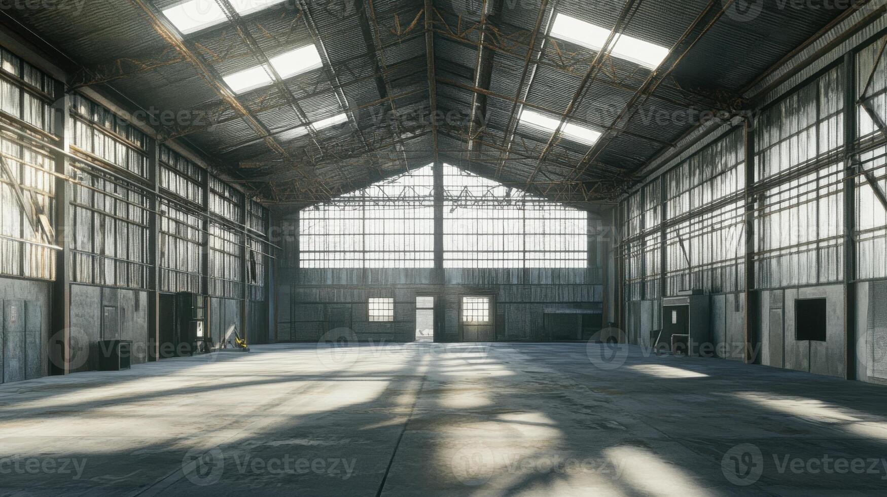 A spacious industrial warehouse interior with large windows and concrete flooring. photo