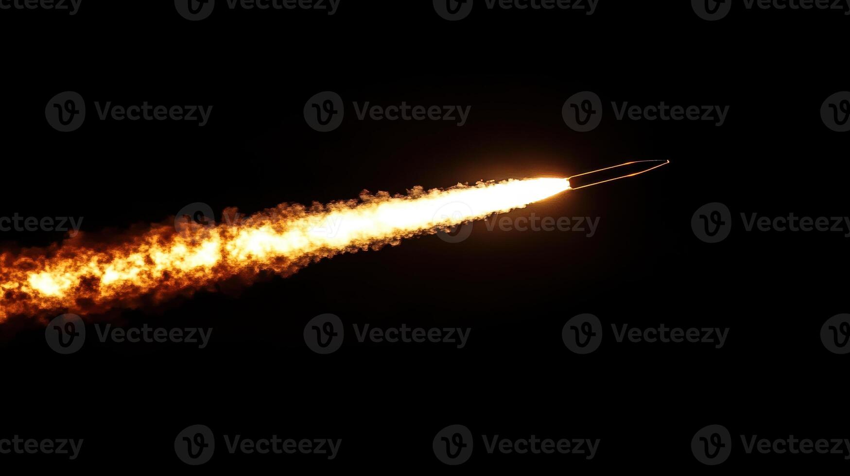 A rocket ascending into the night sky, leaving a trail of flame and smoke. photo