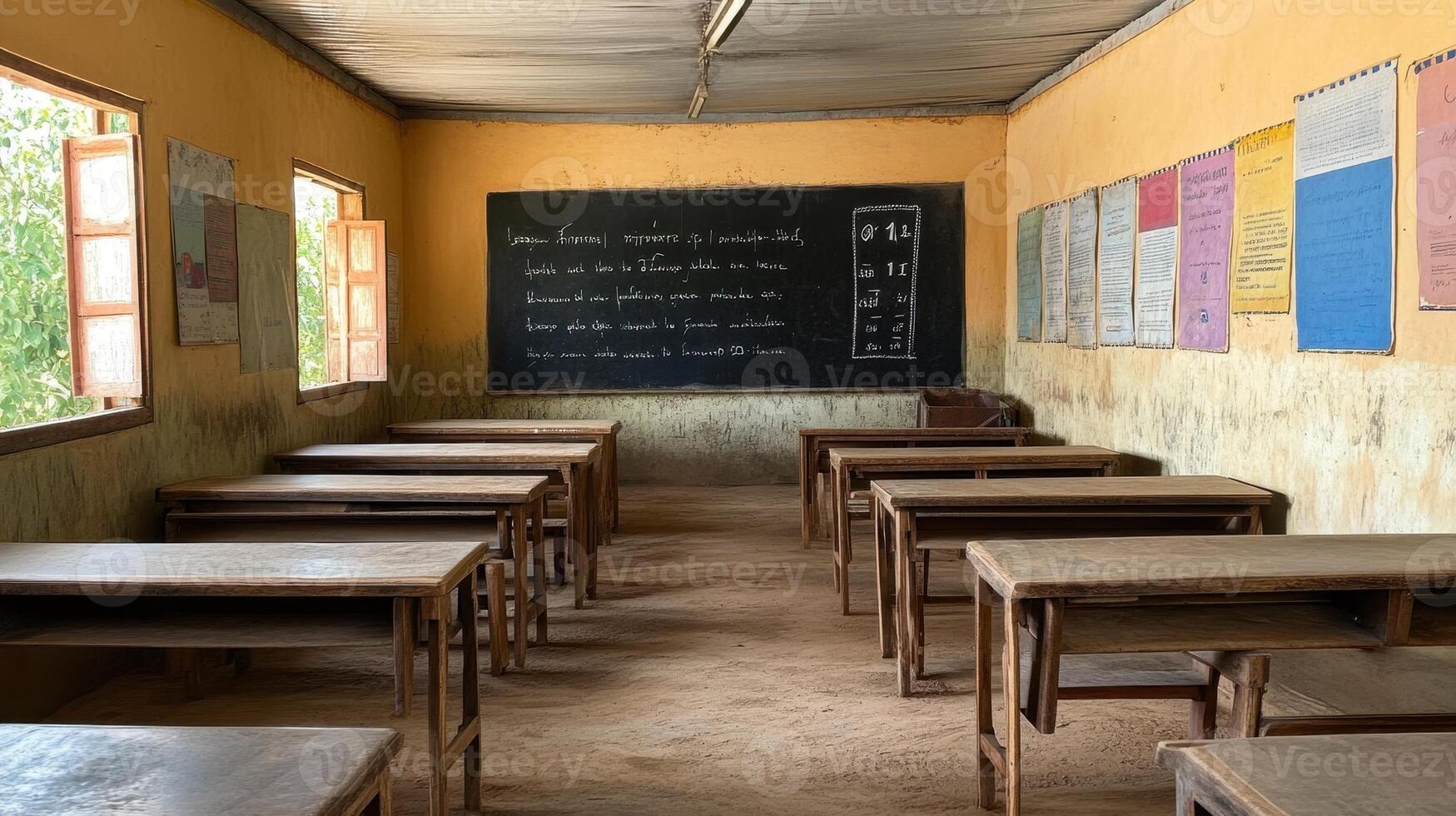 A simple classroom with wooden desks and a chalkboard, designed for learning. photo