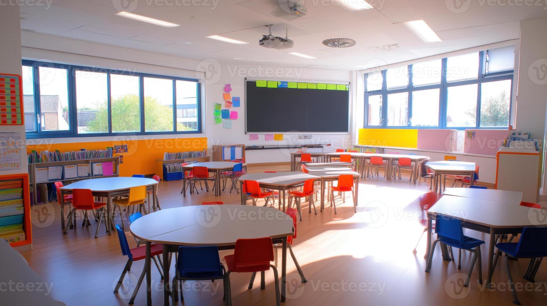 A bright, modern classroom with colorful furniture for learning and activities. photo