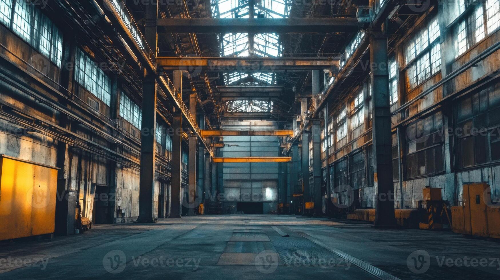 A spacious industrial warehouse with high ceilings and large windows, illuminated by natural light. photo