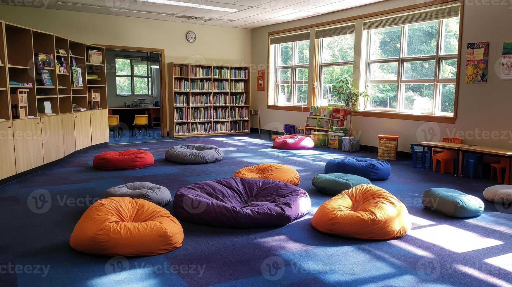 A cozy reading area with bean bags and bookshelves, promoting relaxation and learning. photo