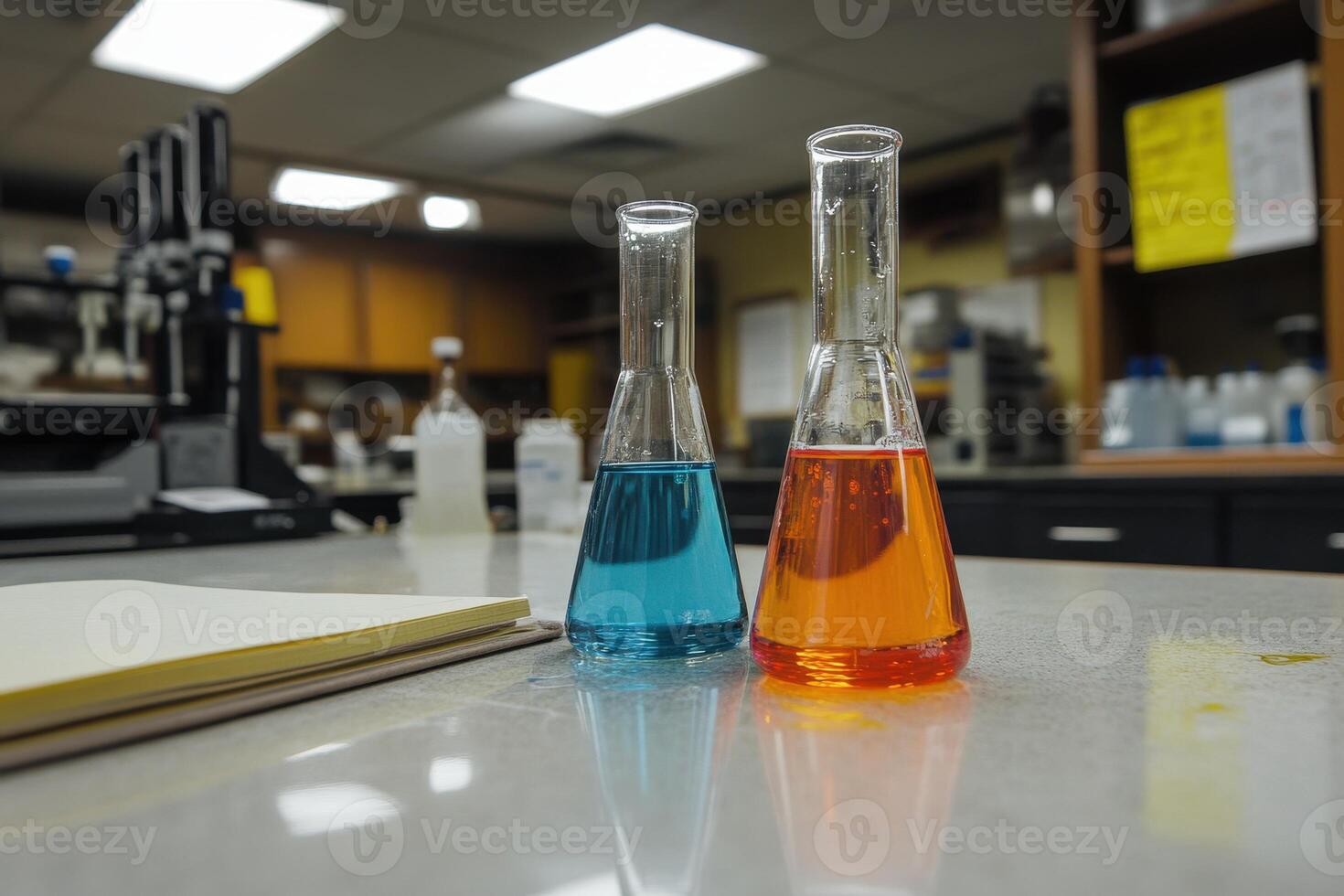 Two flasks with blue and orange liquids on a lab table in a scientific environment. photo