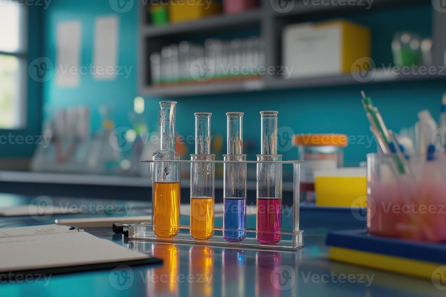 Laboratory setup with colorful liquid-filled test tubes for scientific experiments. photo
