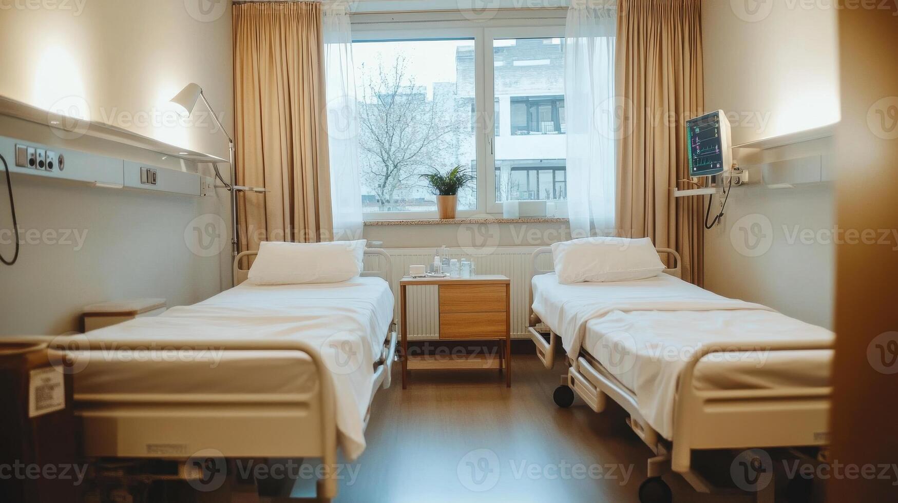 A hospital room with two beds, a bedside table, and a window providing natural light photo