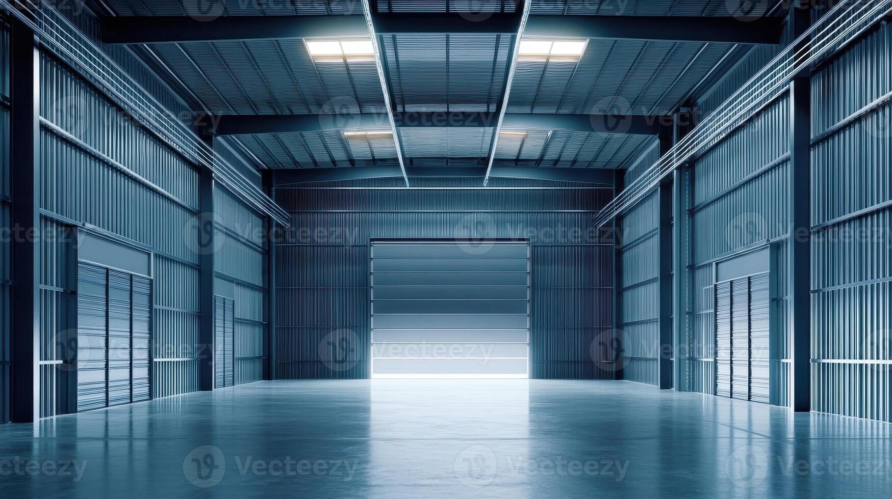 A spacious industrial warehouse with a large open door and smooth concrete floor. photo