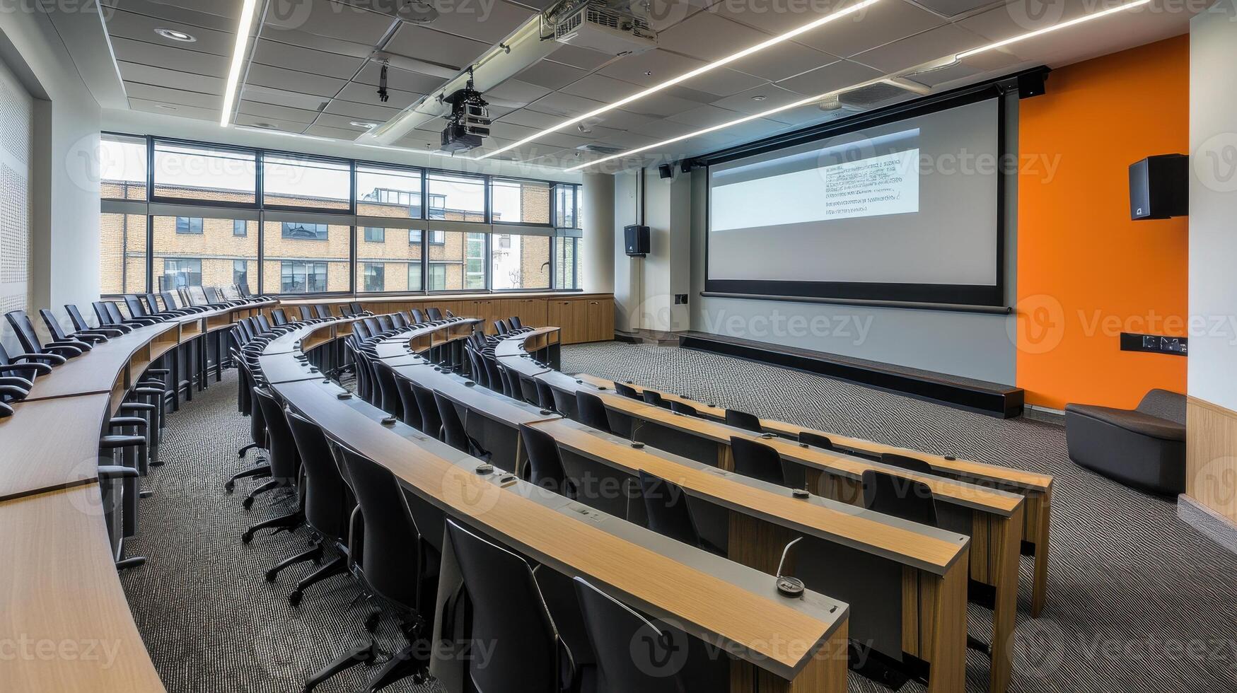 Modern lecture hall with tiered seating and a projector screen for presentations. photo