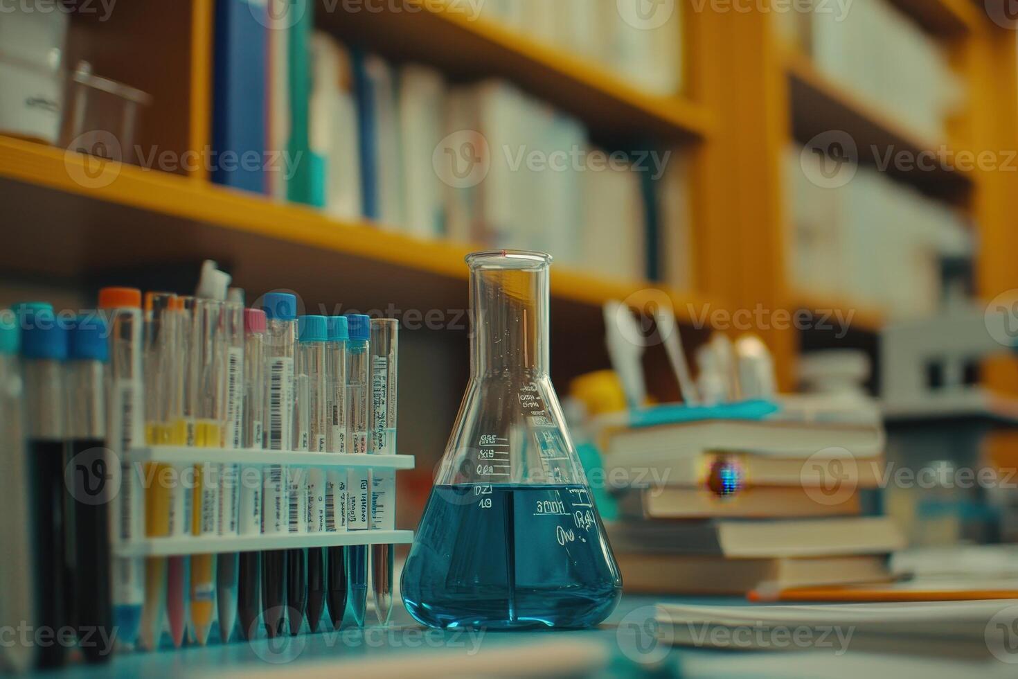 A laboratory scene featuring glassware filled with blue liquid, surrounded by books and test tubes. photo