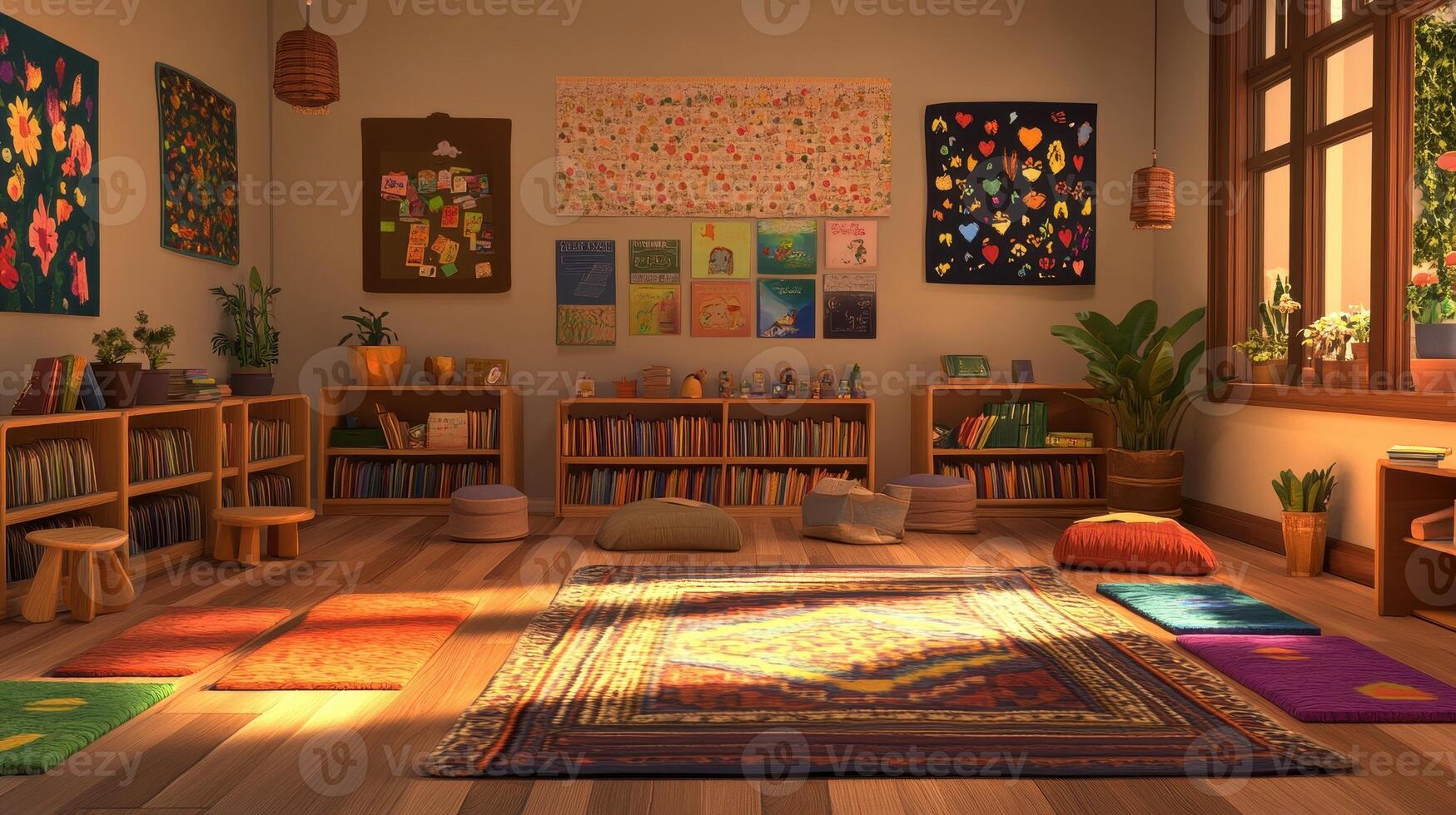 A cozy, colorful room with bookshelves, cushions, and artwork, ideal for relaxation and creativity. photo