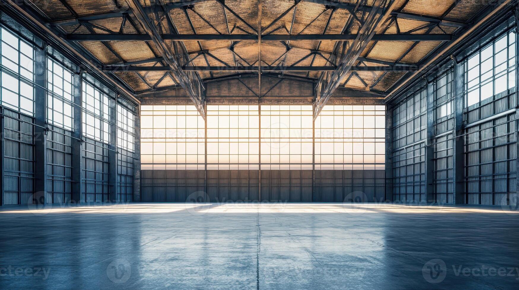 Spacious industrial interior with large windows and metal beams, ideal for events or storage. photo