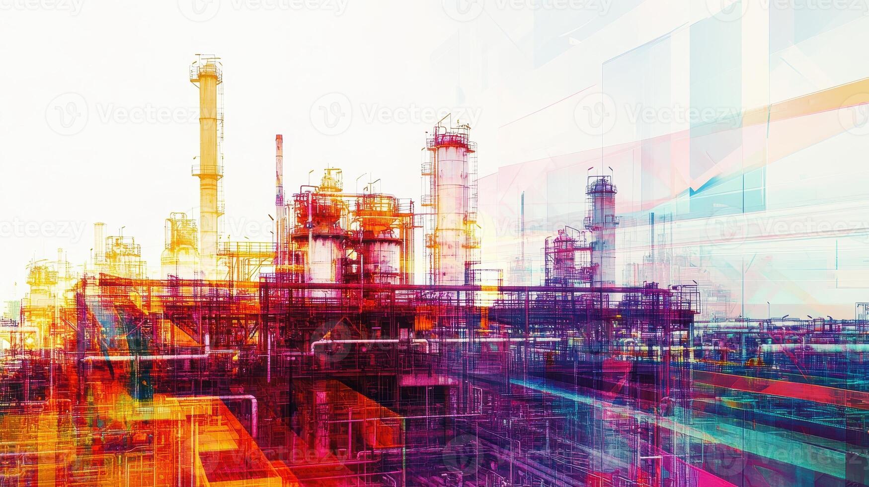 Abstract representation of an industrial facility with vibrant colors and layered effects. photo