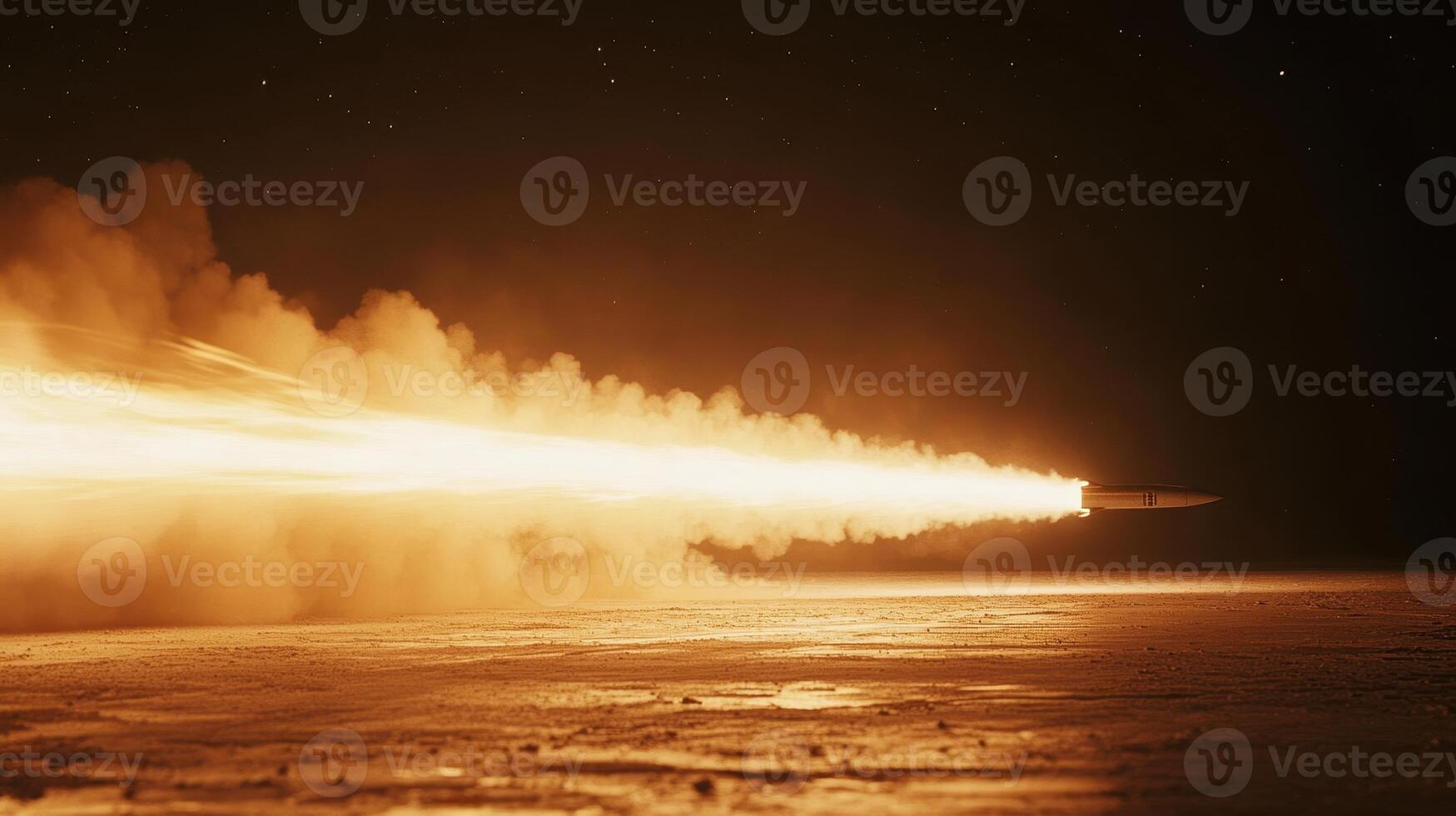 A missile launches with a fiery trail against a dark sky. photo