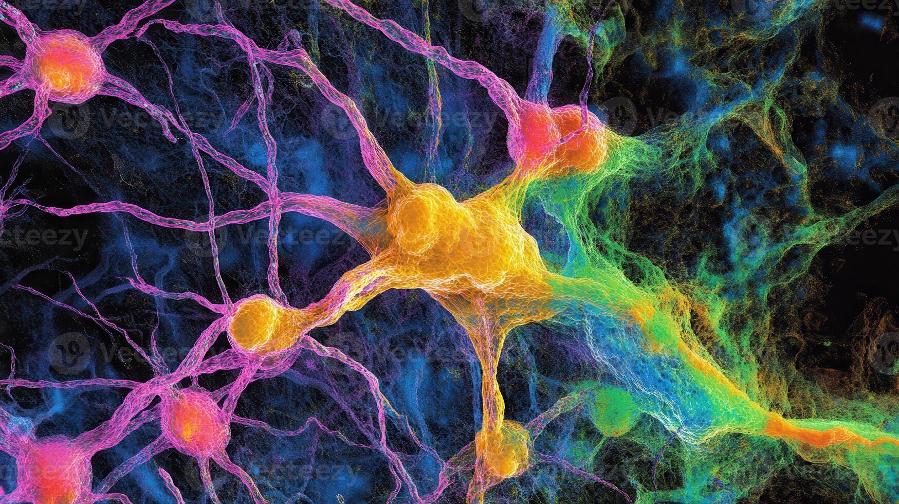 Colorful depiction of neurons showcasing neural connections and brain activity. photo