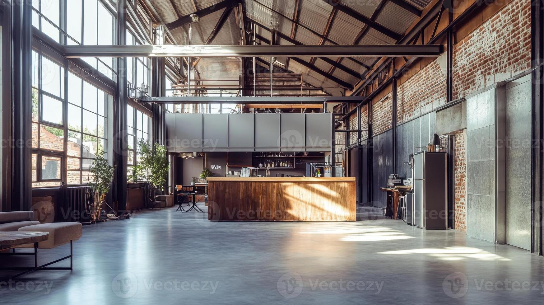 Spacious industrial kitchen with large windows and modern furnishings. photo