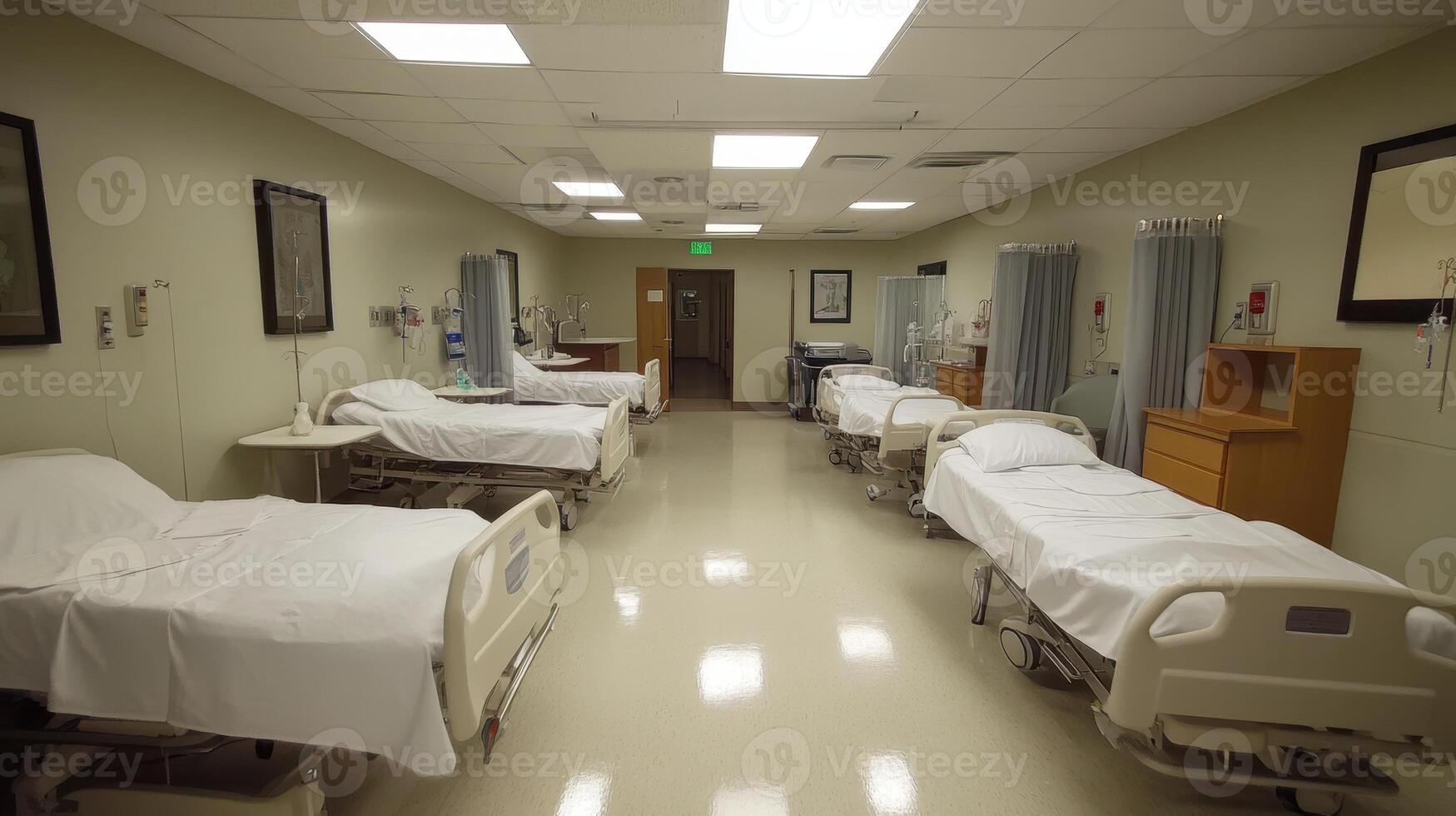 A clean, empty hospital room with multiple beds, designed for patient care and recovery. photo