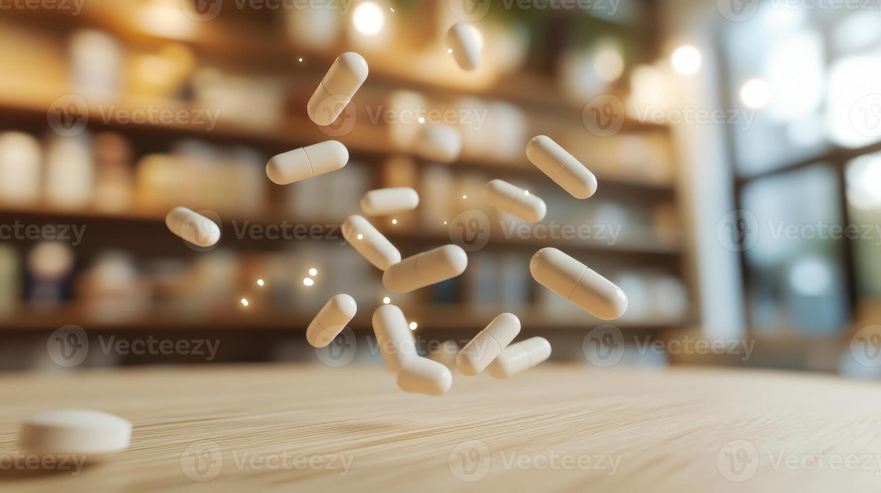 A dynamic display of white capsules in mid-air, suggesting health and wellness. photo
