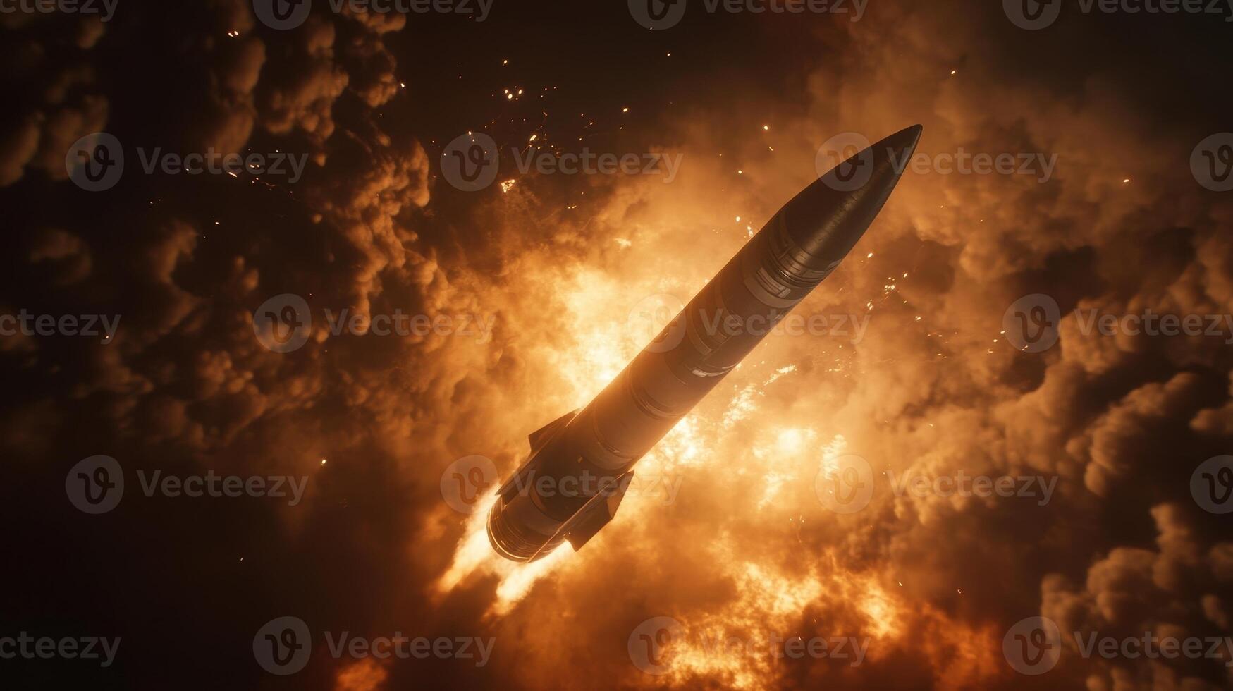 A missile launching amidst an explosion, symbolizing military power and technology. photo