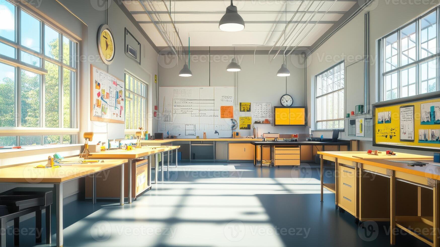 A bright and organized classroom with tables, windows, and educational materials. photo
