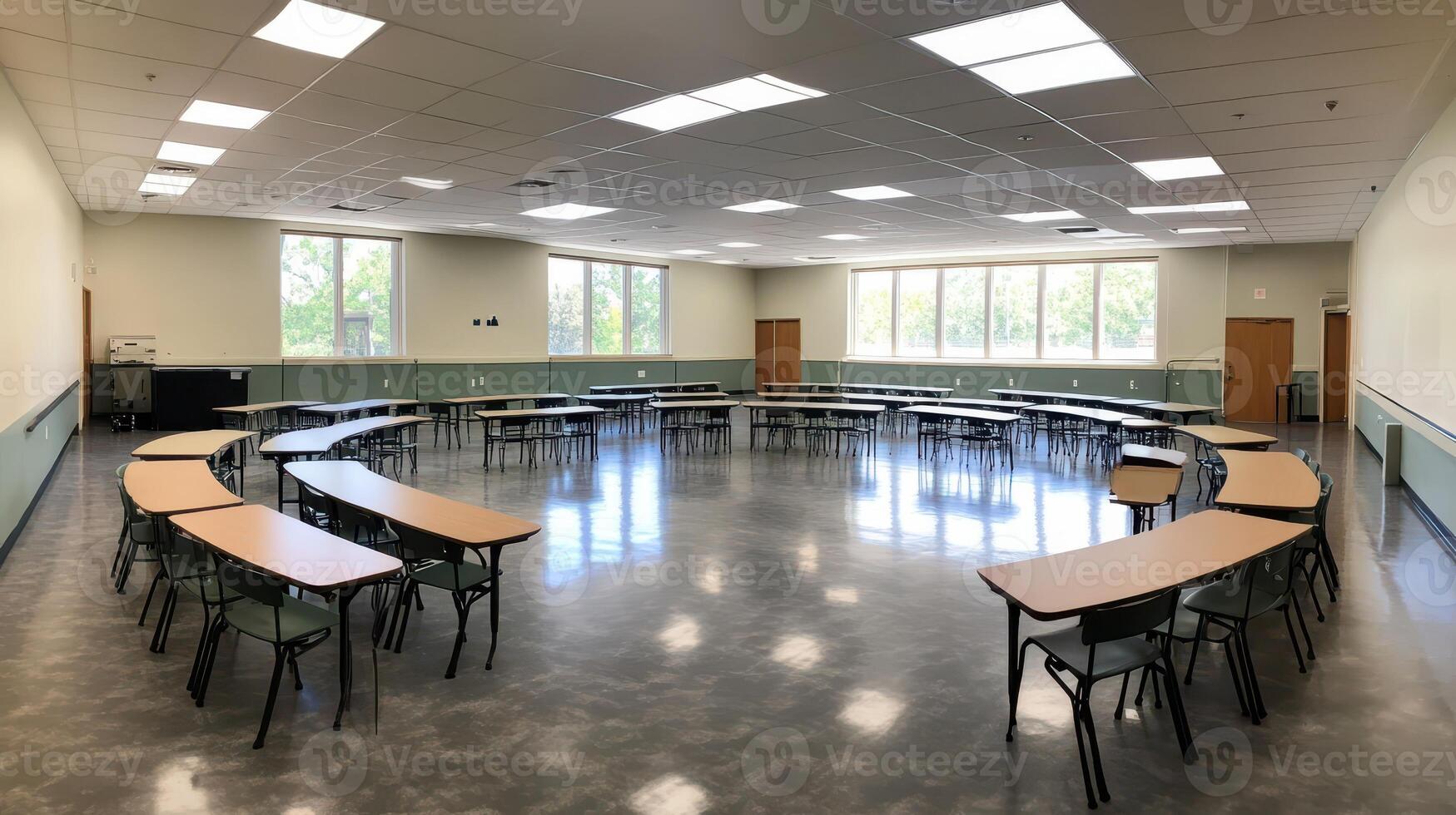 A spacious classroom arranged in a circular layout with tables and chairs for group activities. photo